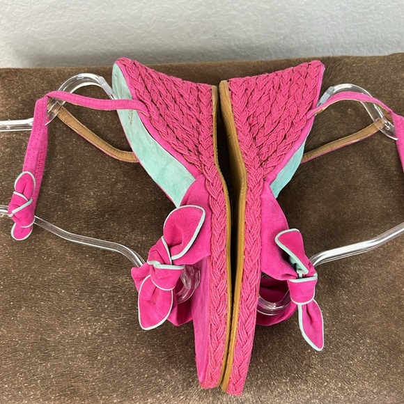 Stuart Weitzman Pink Espadrilles Suede Bow Wedge Heels - Picture 6 of 11